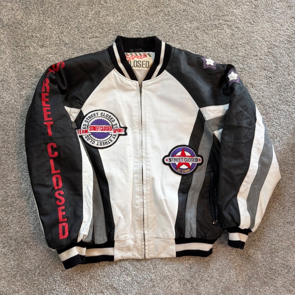 Street Closed Vintage Leather Bomber Jacket Black White Boundary Patch Mens M
